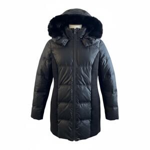 BCBG MAXAZRIA Black Packable Fur Hooded Down Puffer Jacket Coat Women’s S